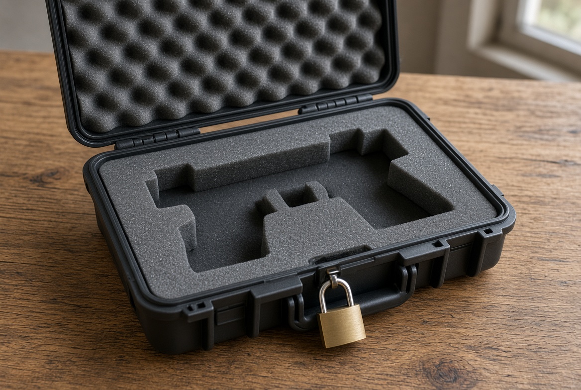 Open hard-sided pistol case with foam and a padlock
