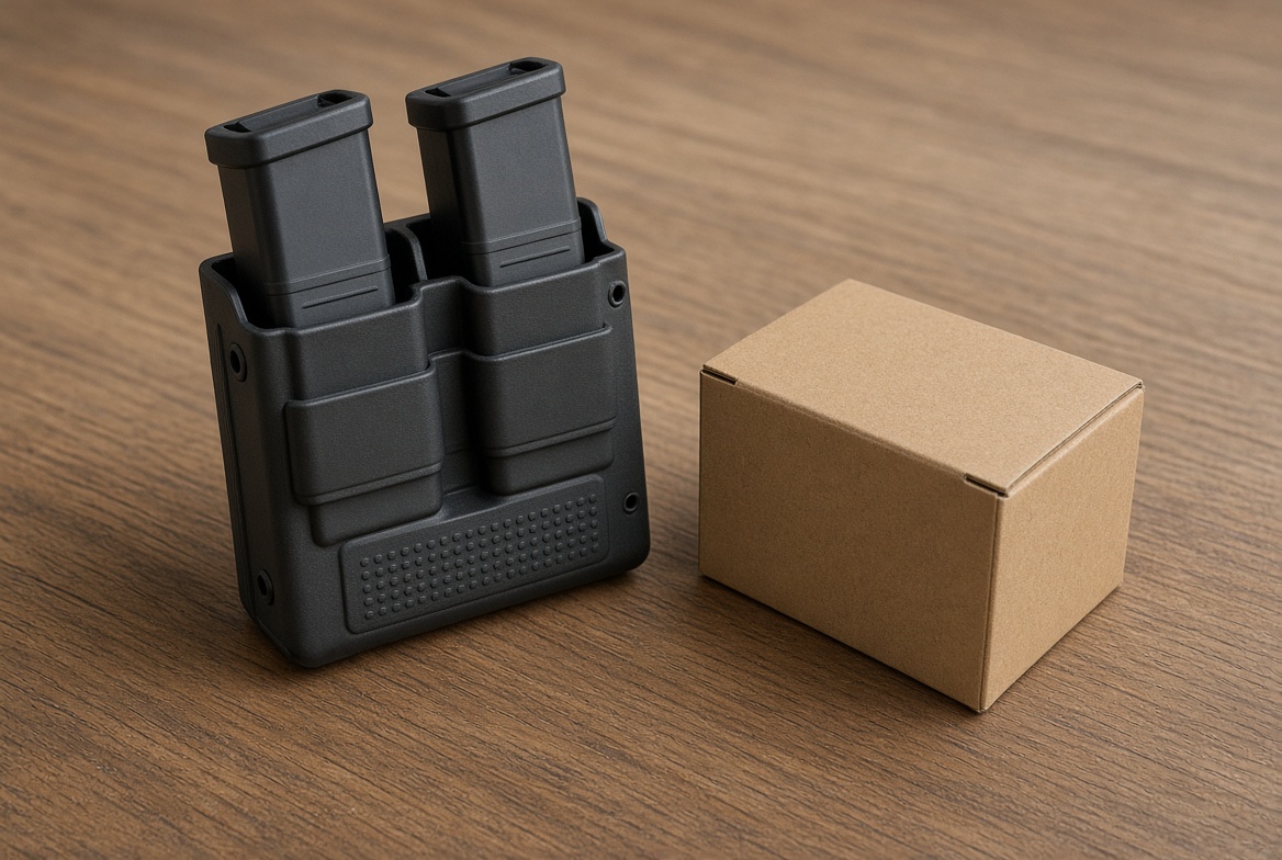 Magazine pouch beside a cardboard ammunition box